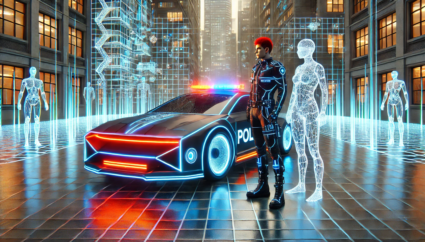 DALL·E-2024-12-11-00.49.18-A-futuristic-police-car-inspired-by-the-Tron-aesthetic-glowing-with-neon-blue-and-orange-lines-emerging-from-a-digital-grid-into-a-realistic-urban-e.webp